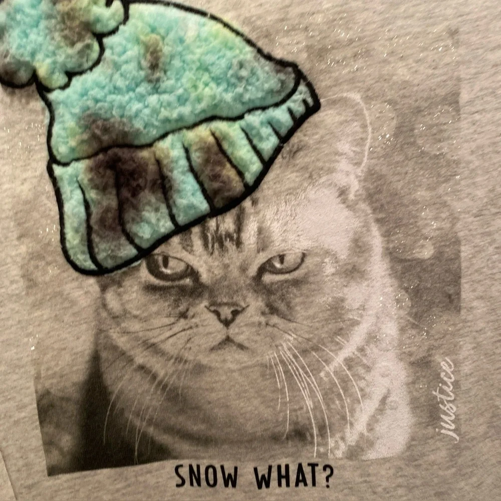 JUSTICE Teen Girl LongSleeve T-shirt “Kitty Snow What” Size Large Gray/Blue EUC